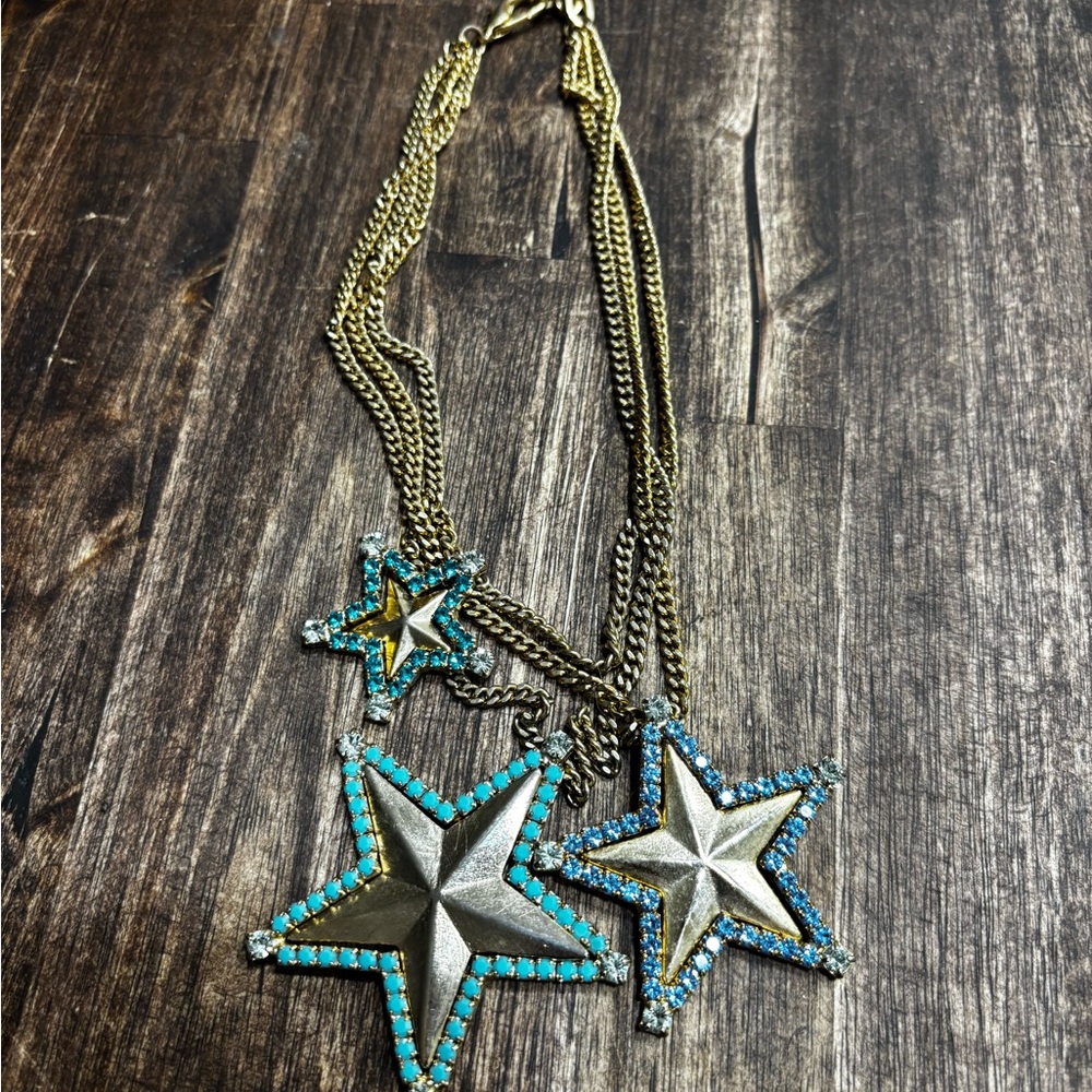 TOVA Stat Pendant Necklace with Turquoise and blue crystal edged stars.